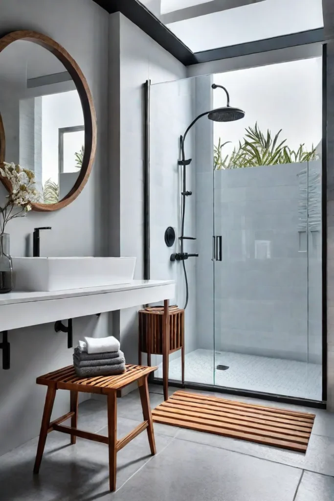 Modern bathroom design with a rain showerhead and wooden accents