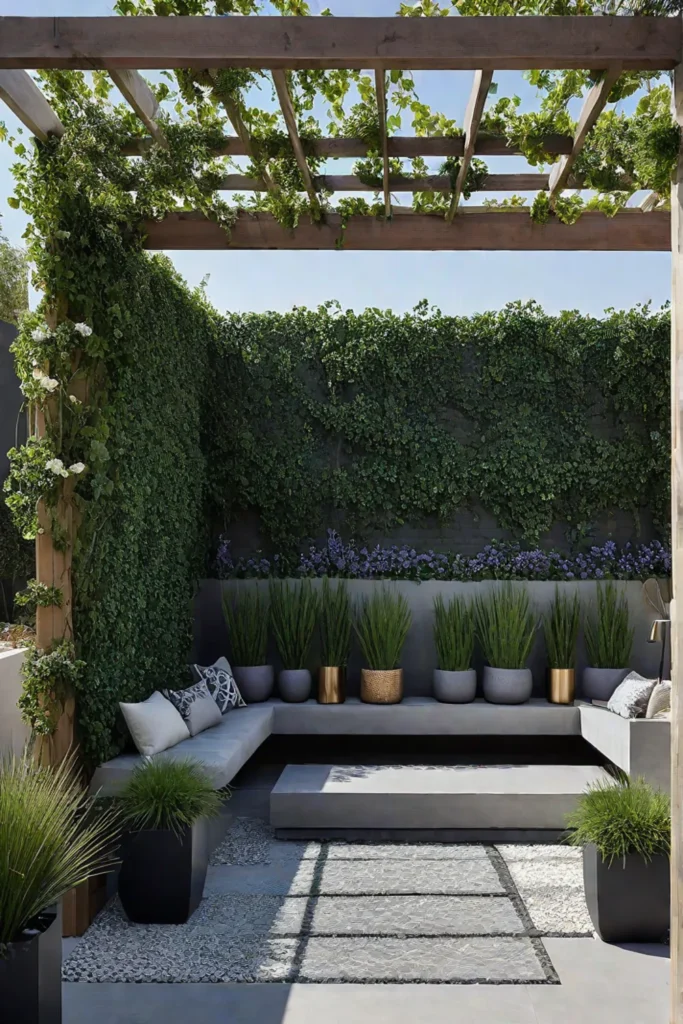 Modern concrete patio with shaded pergola and raised planters