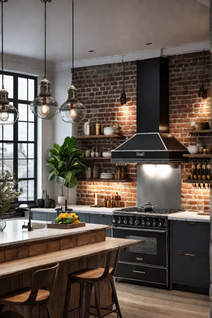 Modern industrial kitchen with vintage lighting