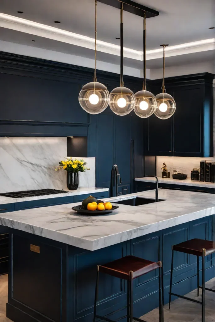 Modern kitchen with dark cabinets and pendant lights