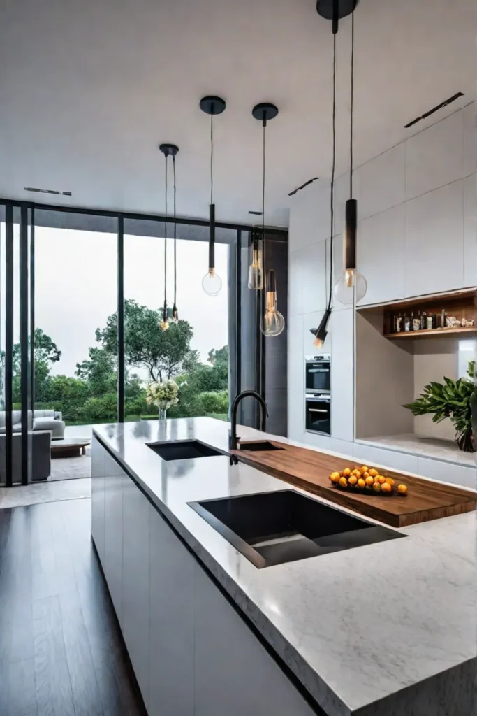 Modern kitchen with natural and pendant lighting