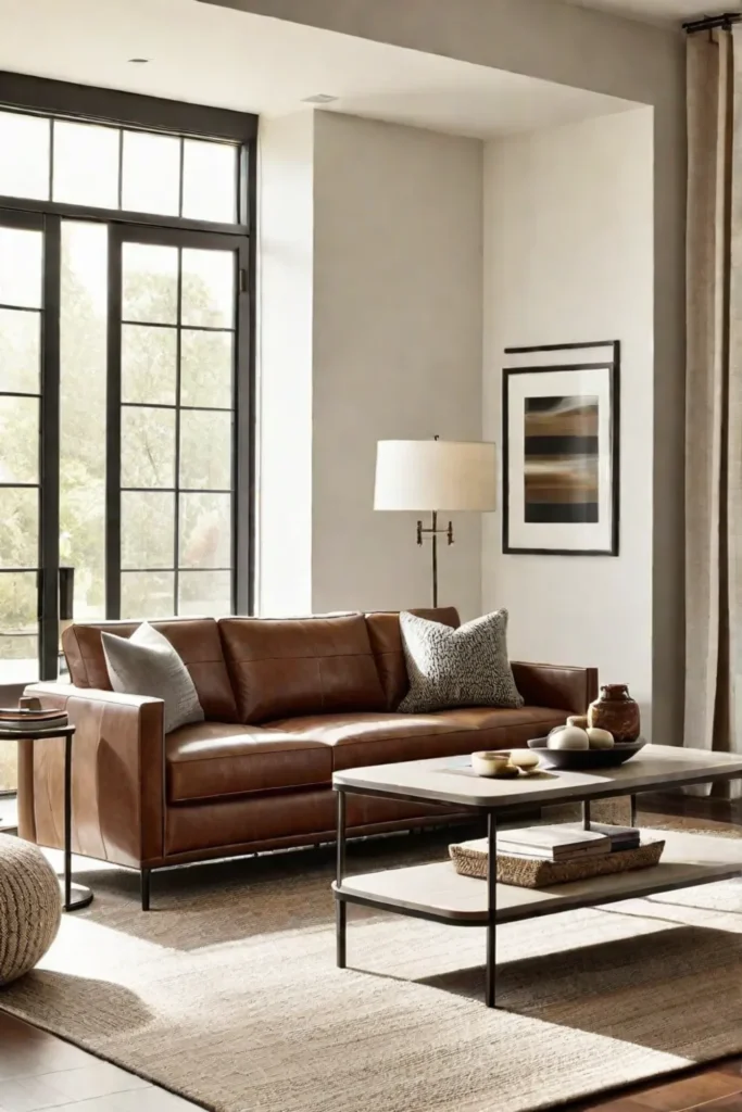 Modern living room with leather sofa and metal coffee table