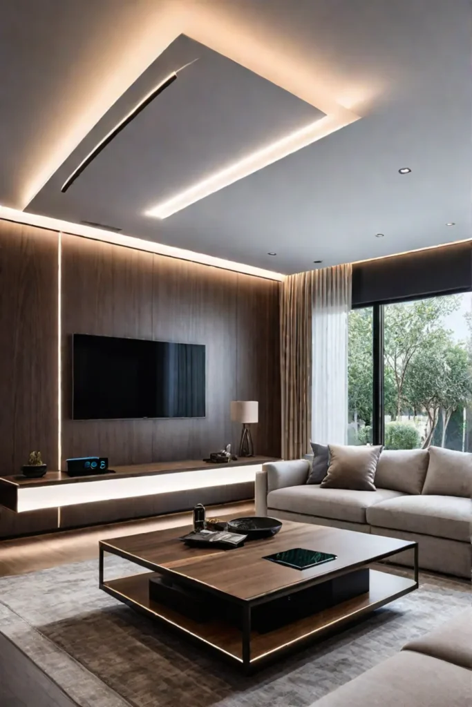 Modern living room with smart lighting and voice assistant