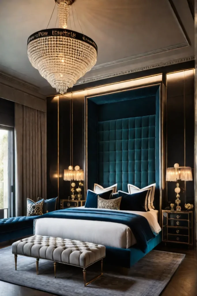 Opulent bedroom with velvet canopy bed and tufted headboard