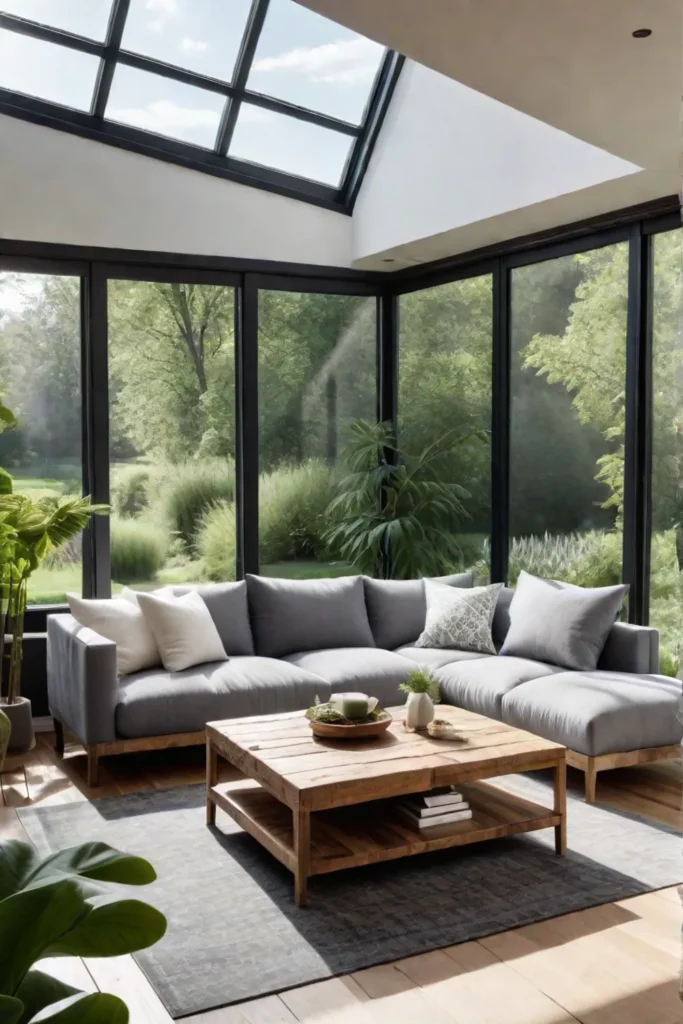 Organic cotton sofa and reclaimed wood table in a bright living space