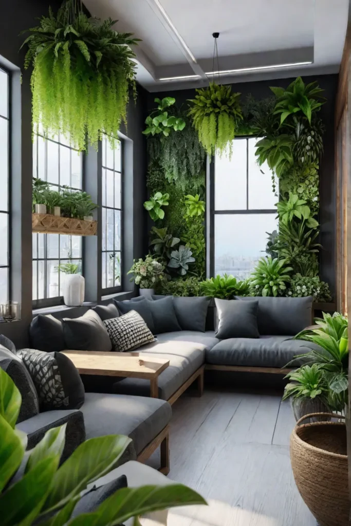 Outdoor space with vertical garden and potted plants