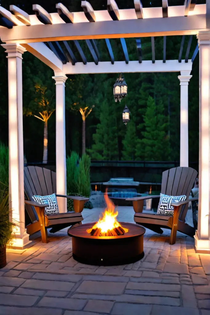 Patio with Adirondack chairs and a fire pit
