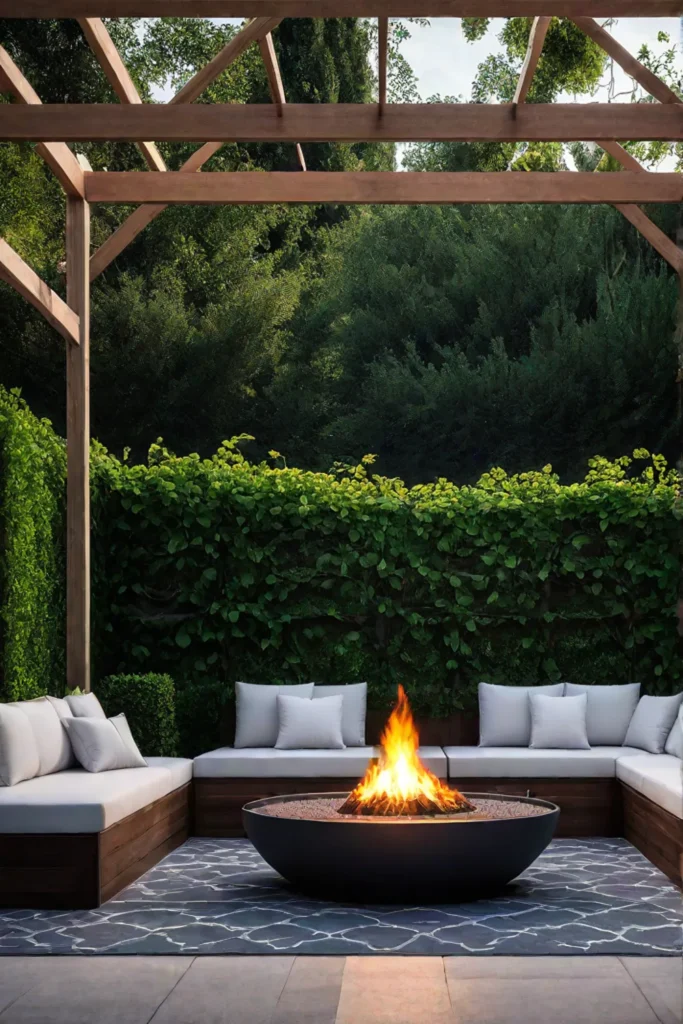 Patio with fire pit and pergola as focal points