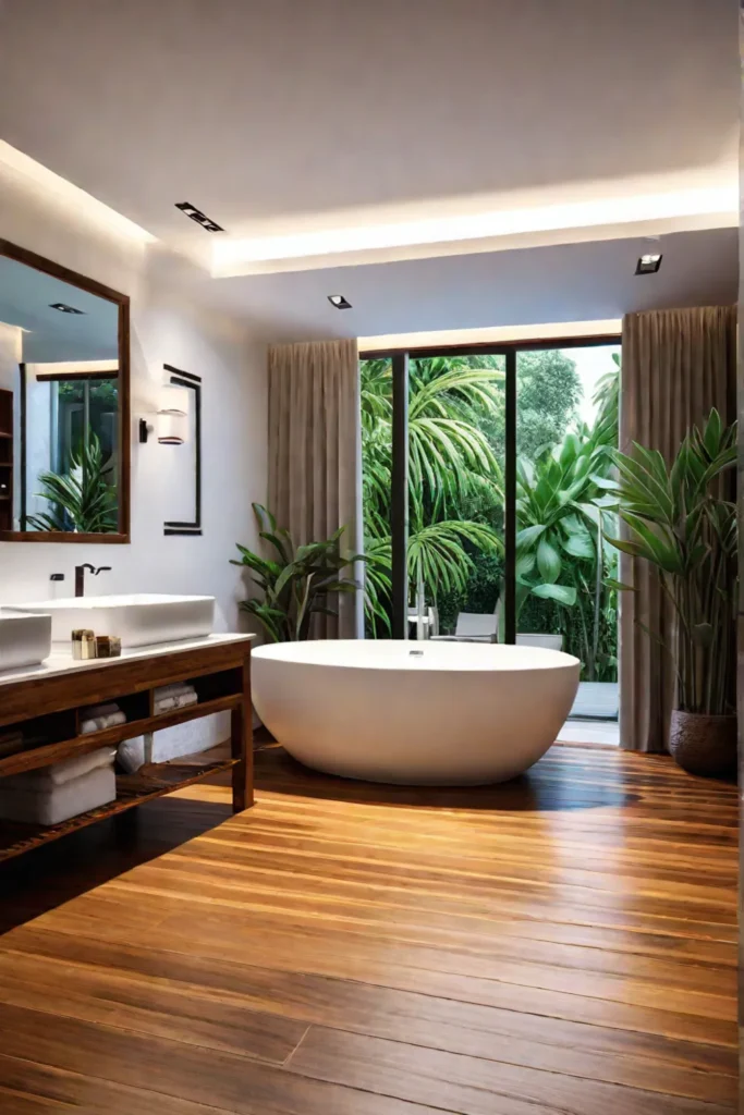 Relaxing bathroom with exotic bamboo floor