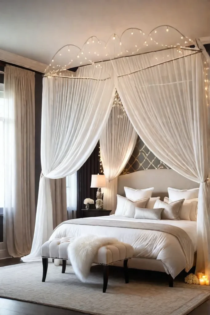 Romantic bedroom with white draped canopy bed and fairy lights