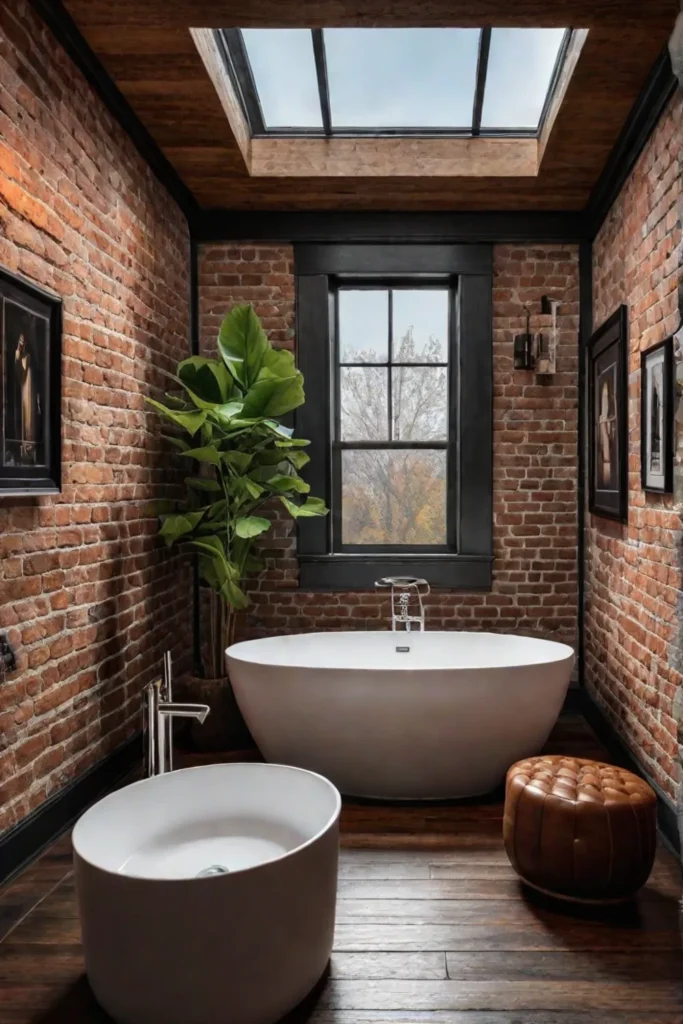 Rustic bathroom with stained wood floor and exposed brick