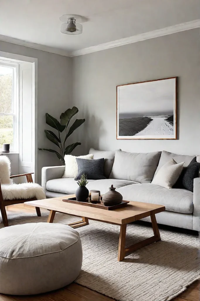 Scandinavian living room with linen sofa and minimalist coffee table