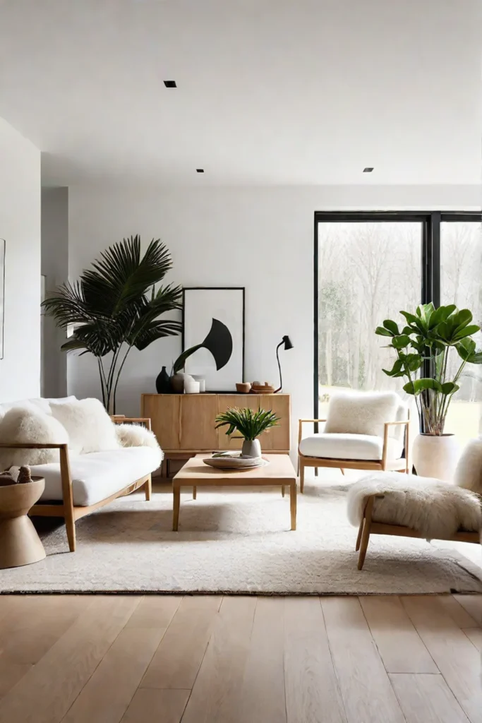 Scandinavian living room with white sofa and natural light