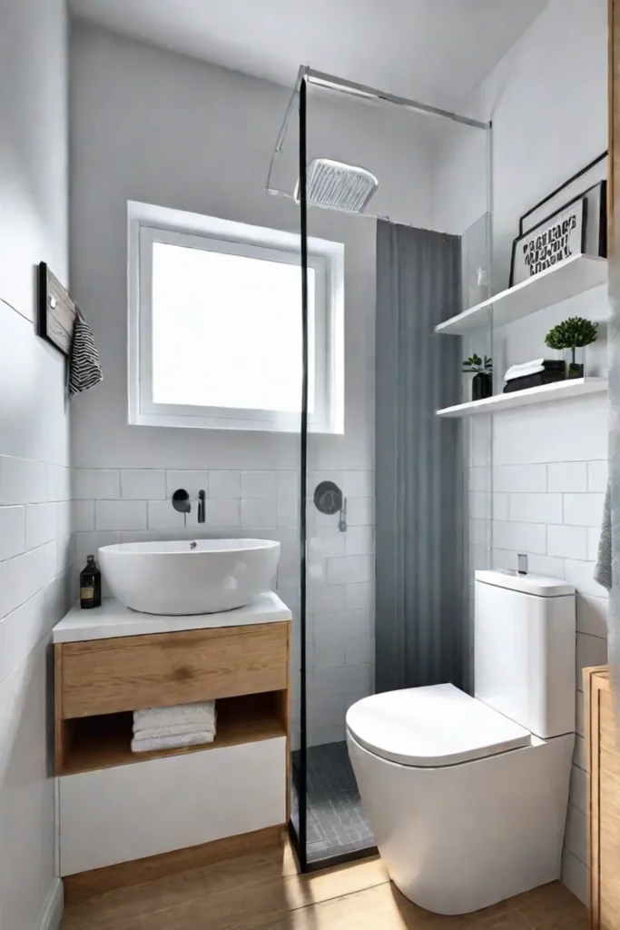 Scandinavianstyle small bathroom with pedestal sink and shower