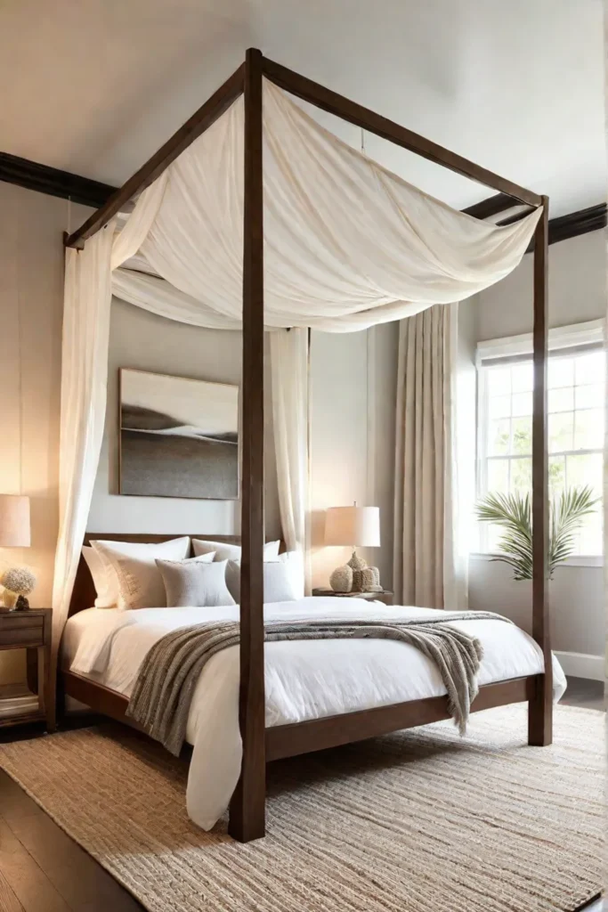 Serene bedroom with airy canopy bed and natural textures