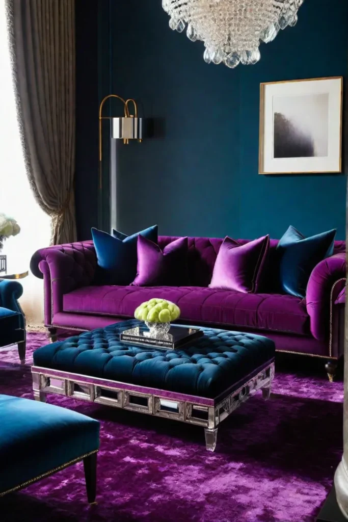 Sophisticated living room with velvet sofa and highpile rug