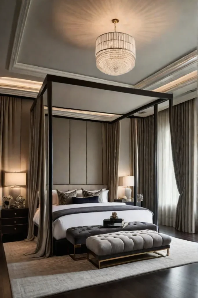 Spacious bedroom with dramatic canopy bed and floortoceiling drapes