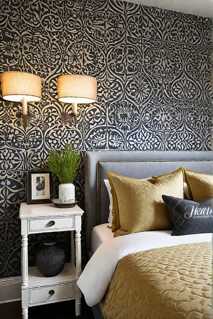 Stenciled statement wall adds personality to a bedroom