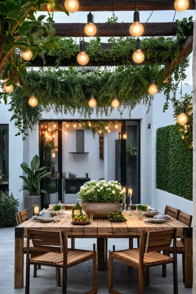 Sustainable outdoor dining area with string lights