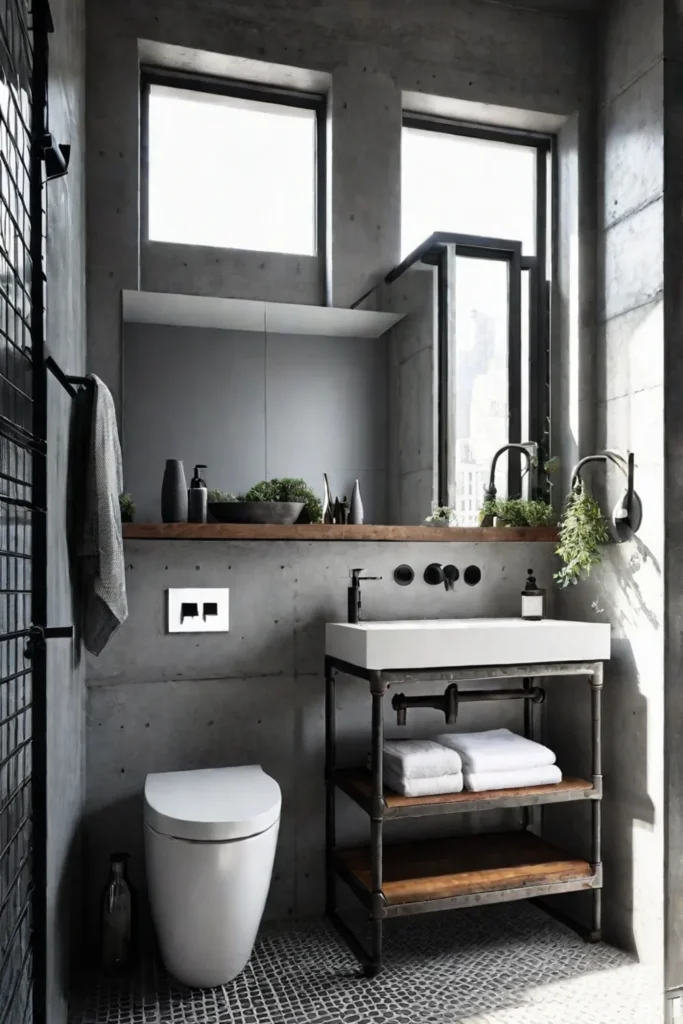 Urban bathroom design with metal accents and large window