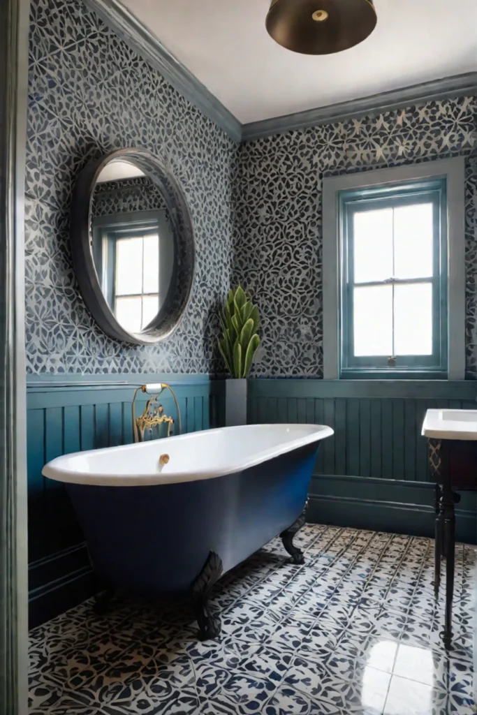 Vibrant bathroom design with bold wallpaper and large mirror