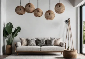 A modern living room bathed in natural light featuring a macrame wallfeat