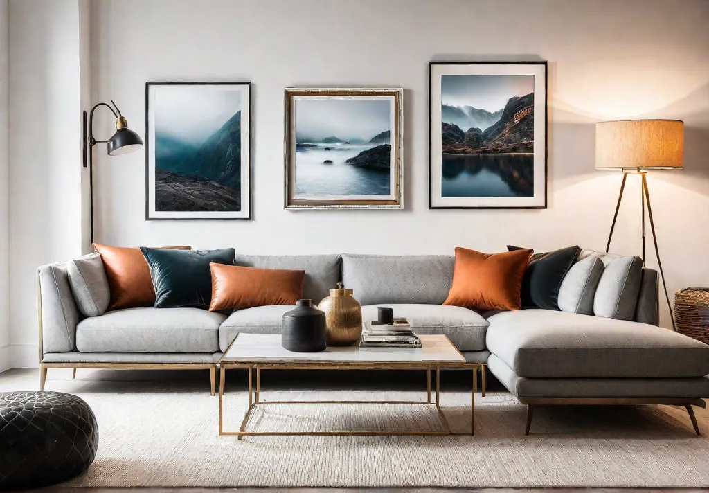 A modern living room with a gallery wall featuring an eclectic mixfeat