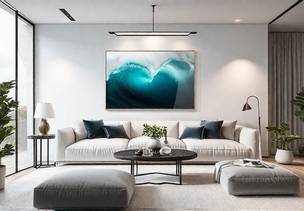 A modern minimalist living room with a large abstract painting on afeat