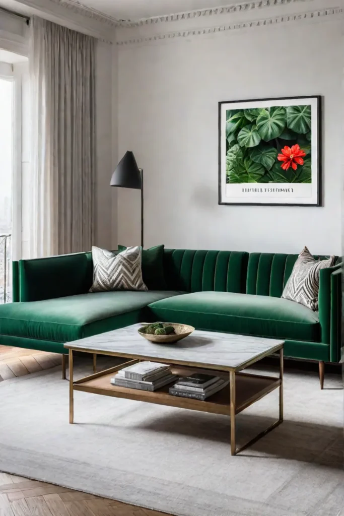 Green sofa eclectic gallery wall natural light